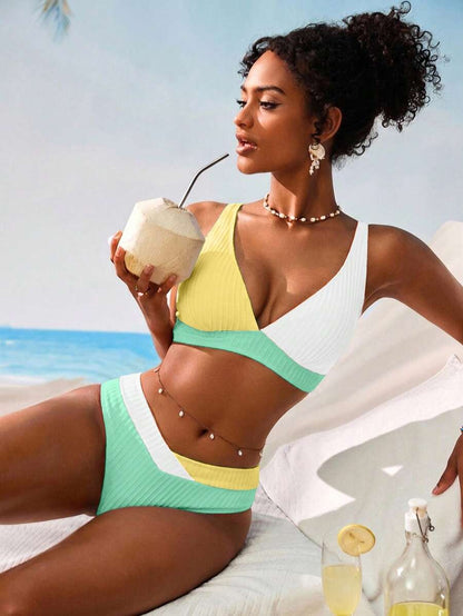 Women's V-Neck Textured Tankini Set - Ruched, Spaghetti Strap, High Waist, Multicolor
