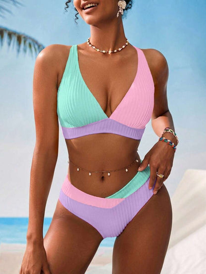 Swim Vcay Women V-Neck Textured Striped Bikini Set For Summer Beach Vacation