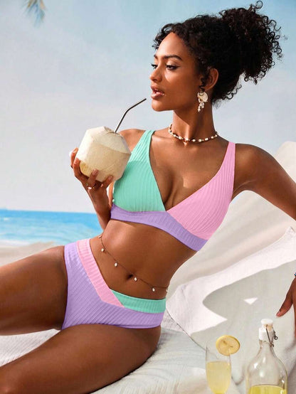 Swim Vcay Women V-Neck Textured Striped Bikini Set For Summer Beach Vacation