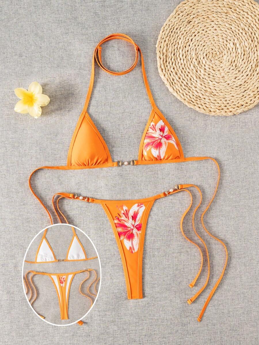 Swim Vcay Swim SXY 2pcs Women's New Floral Print Spaghetti Strap Backless Micro Triangle Top And Thong Sexy Bikini Set Set