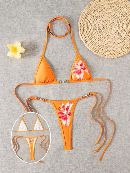 Swim Vcay Swim SXY 2pcs Women's New Floral Print Spaghetti Strap Backless Micro Triangle Top And Thong Sexy Bikini Set Set