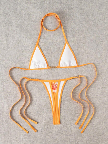 Swim Vcay Swim SXY 2pcs Women's New Floral Print Spaghetti Strap Backless Micro Triangle Top And Thong Sexy Bikini Set Set