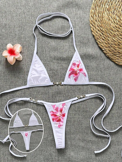 Swim Vcay Swim SXY 2pcs Women's New Floral Print Spaghetti Strap Backless Micro Triangle Top And Thong Sexy Bikini Set Set