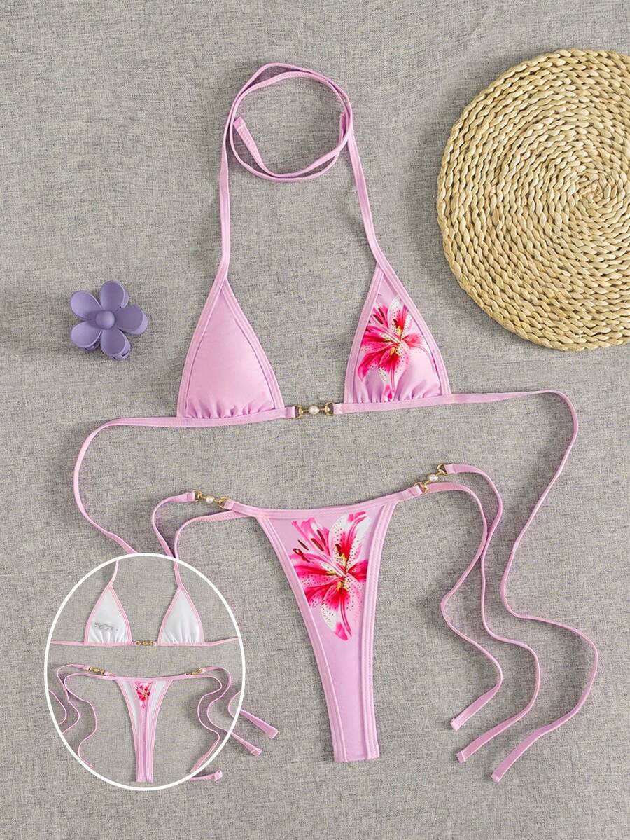 Swim Vcay Swim SXY 2pcs Women's New Floral Print Spaghetti Strap Backless Micro Triangle Top And Thong Sexy Bikini Set Set