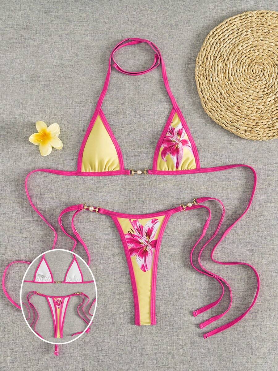 Swim Vcay Swim SXY 2pcs Women's New Floral Print Spaghetti Strap Backless Micro Triangle Top And Thong Sexy Bikini Set Set