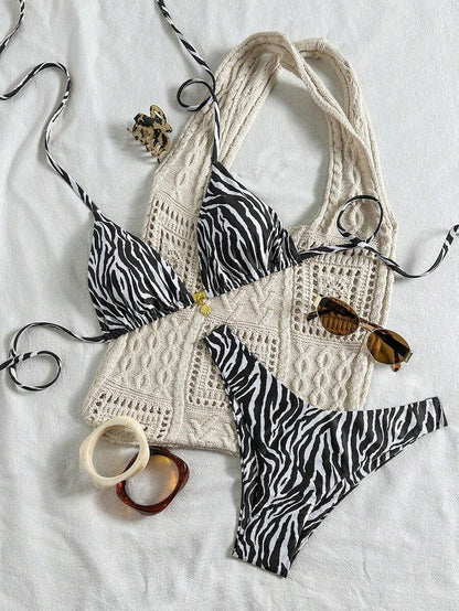 Swim Mod Summer 2 Pieces Outfits For Women - Spaghetti Strap Random Print Top And High Cut Swim Bottoms, Beach Holiday Bikini Set