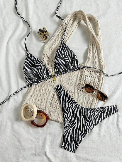 Swim Mod Summer 2 Pieces Outfits For Women - Spaghetti Strap Random Print Top And High Cut Swim Bottoms, Beach Holiday Bikini Set