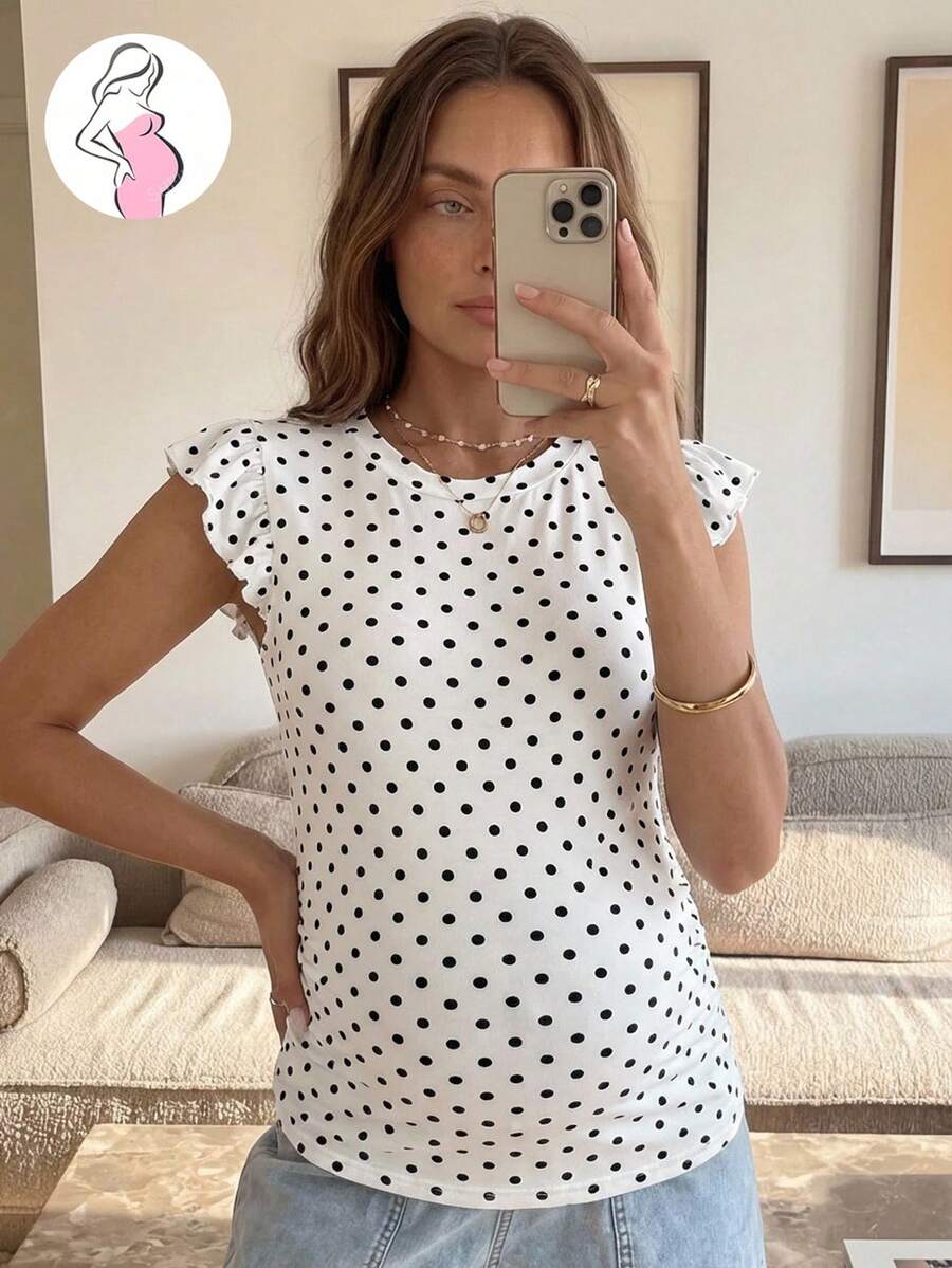 Maternity Polka Dot Print Round Neck Fitted T-Shirt White Casual Cap Sleeve Ruffle Trim Summer Vacation Maternity Top