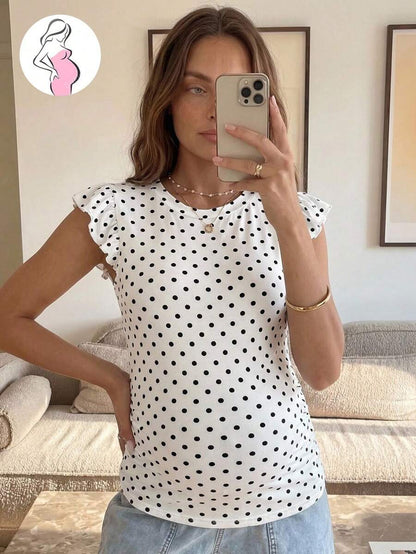 Maternity Polka Dot Print Round Neck Fitted T-Shirt White Casual Cap Sleeve Ruffle Trim Summer Vacation Maternity Top