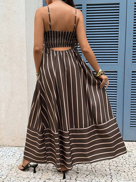 Brown Striped Maternity Cami Maxi Dress – Padded Spaghetti Strap High Waist Flared Long Sundress for Casual Summer Vacations