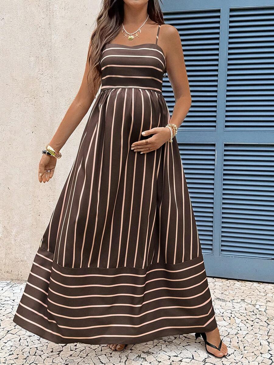 Brown Striped Maternity Cami Maxi Dress – Padded Spaghetti Strap High Waist Flared Long Sundress for Casual Summer Vacations