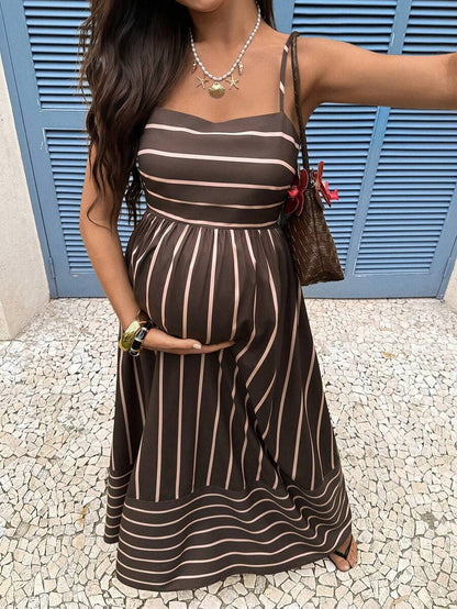 Brown Striped Maternity Cami Maxi Dress – Padded Spaghetti Strap High Waist Flared Long Sundress for Casual Summer Vacations