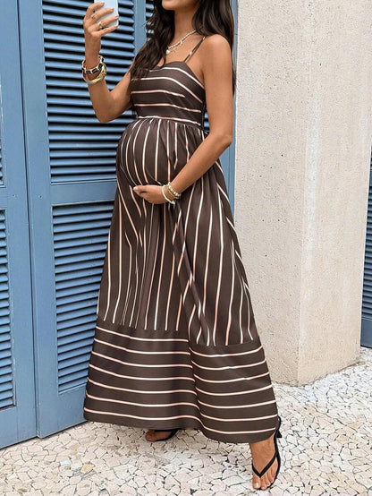 Brown Striped Maternity Cami Maxi Dress – Padded Spaghetti Strap High Waist Flared Long Sundress for Casual Summer Vacations