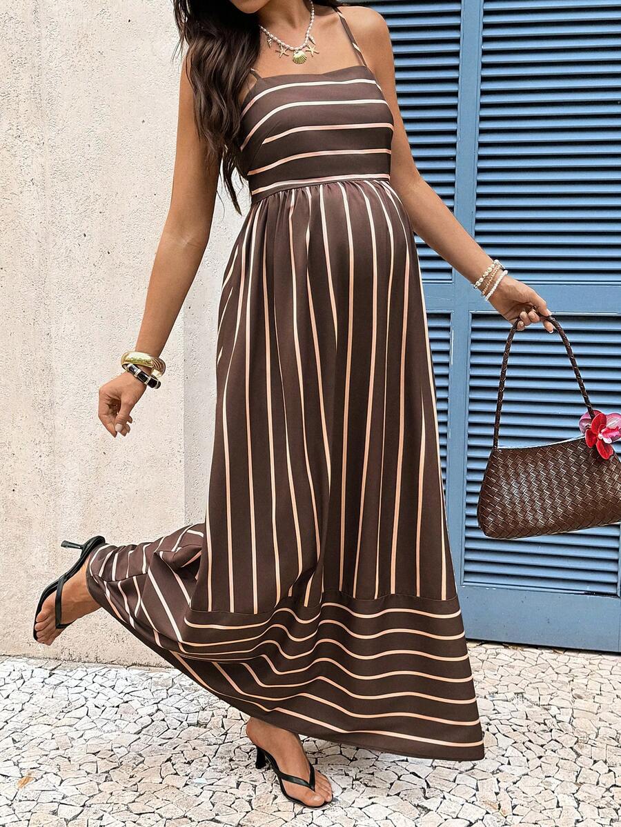 Brown Striped Maternity Cami Maxi Dress – Padded Spaghetti Strap High Waist Flared Long Sundress for Casual Summer Vacations
