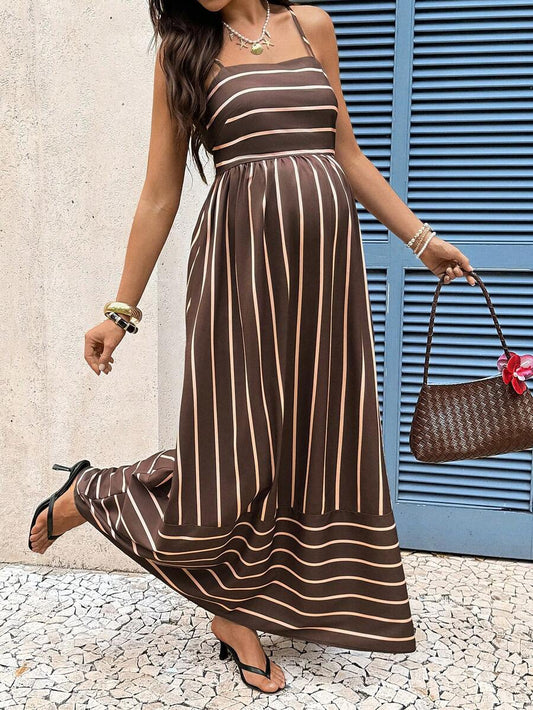 Brown Striped Maternity Cami Maxi Dress – Padded Spaghetti Strap High Waist Flared Long Sundress for Casual Summer Vacations