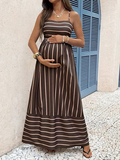 Brown Striped Maternity Cami Maxi Dress – Padded Spaghetti Strap High Waist Flared Long Sundress for Casual Summer Vacations