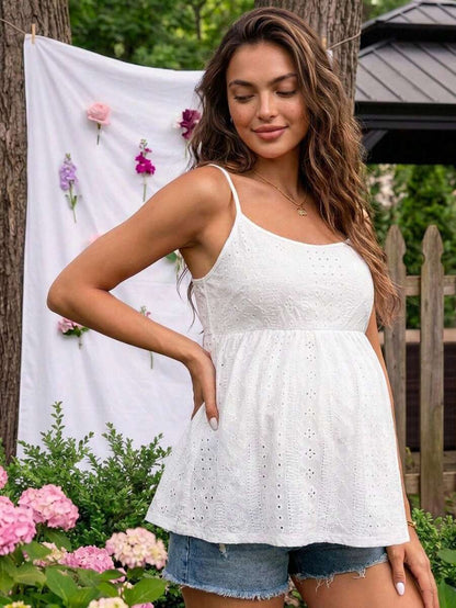 White Spaghetti Strap Maternity Cami Tank Top with Eyelet Embroidery and Hollow Out Texture Boho Slim Fit Summer Sleeveless Maternity Top