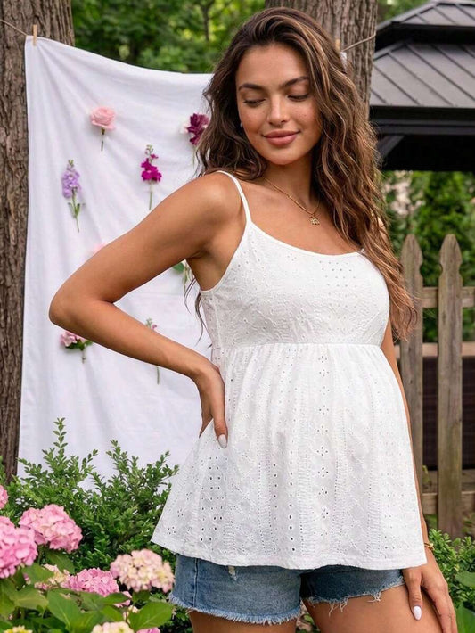 White Spaghetti Strap Maternity Cami Tank Top with Eyelet Embroidery and Hollow Out Texture Boho Slim Fit Summer Sleeveless Maternity Top