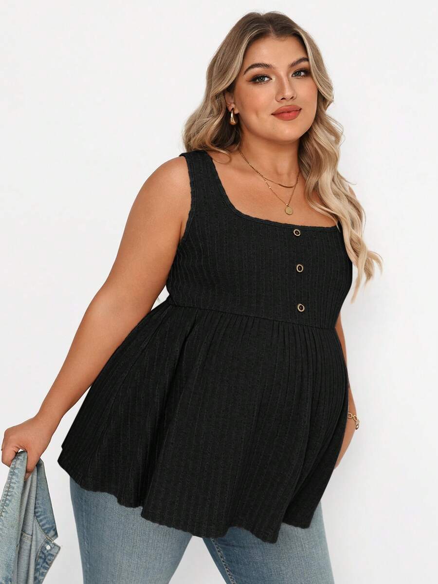 Plus Size Maternity Top - Square Neck, Sleeveless, Button, Umbrella Hem, Long, Apricot