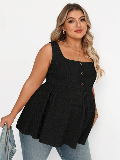 Plus Size Maternity Top - Square Neck, Sleeveless, Button, Umbrella Hem, Long, Apricot