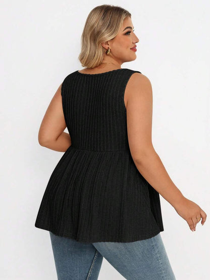 Plus Size Maternity Top - Square Neck, Sleeveless, Button, Umbrella Hem, Long, Apricot