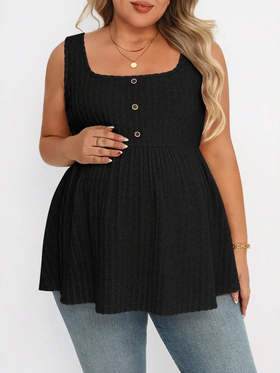 Plus Size Maternity Top - Square Neck, Sleeveless, Button, Umbrella Hem, Long, Apricot