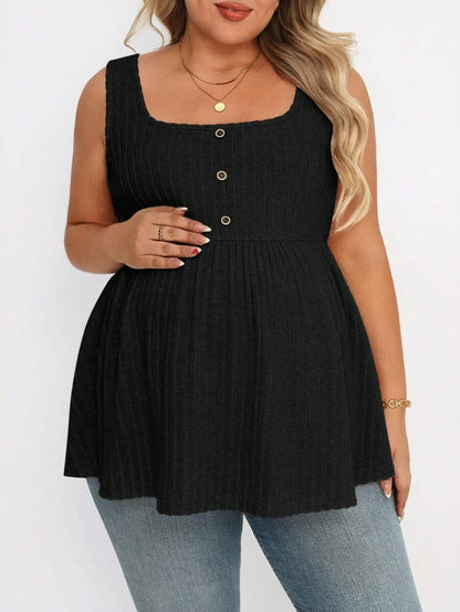 Plus Size Maternity Top - Square Neck, Sleeveless, Button, Umbrella Hem, Long, Apricot