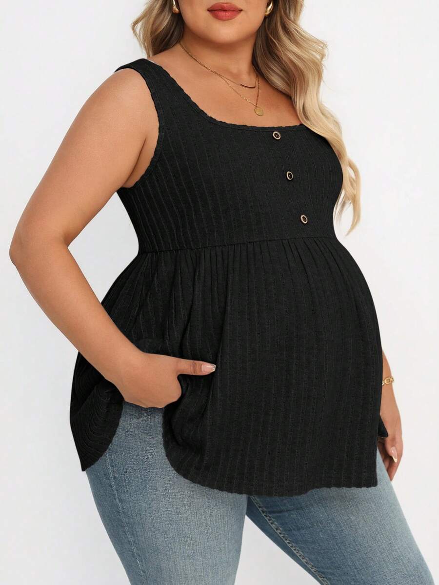 Plus Size Maternity Top - Square Neck, Sleeveless, Button, Umbrella Hem, Long, Apricot