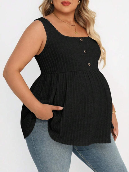 Plus Size Maternity Top - Square Neck, Sleeveless, Button, Umbrella Hem, Long, Apricot