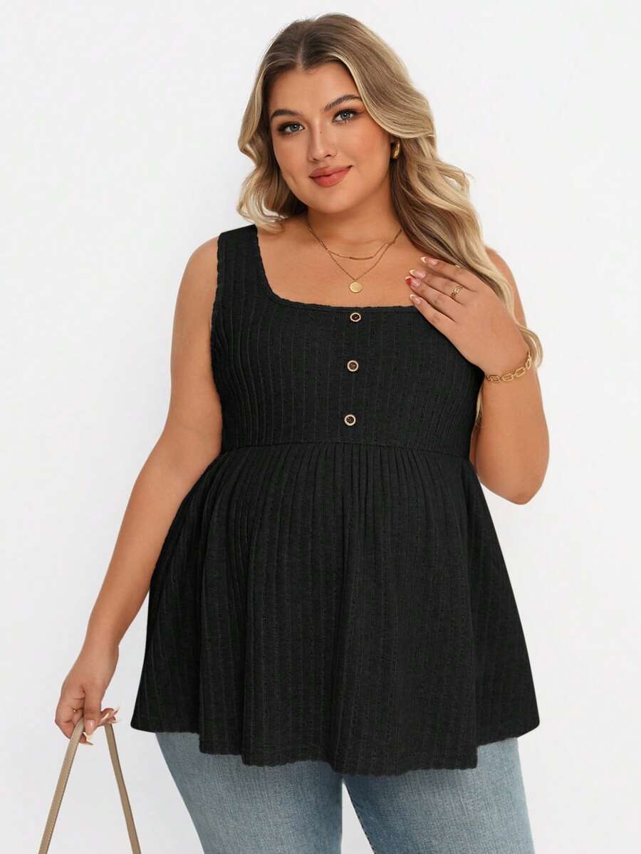Plus Size Maternity Top - Square Neck, Sleeveless, Button, Umbrella Hem, Long, Apricot