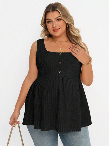 Plus Size Maternity Top - Square Neck, Sleeveless, Button, Umbrella Hem, Long, Apricot