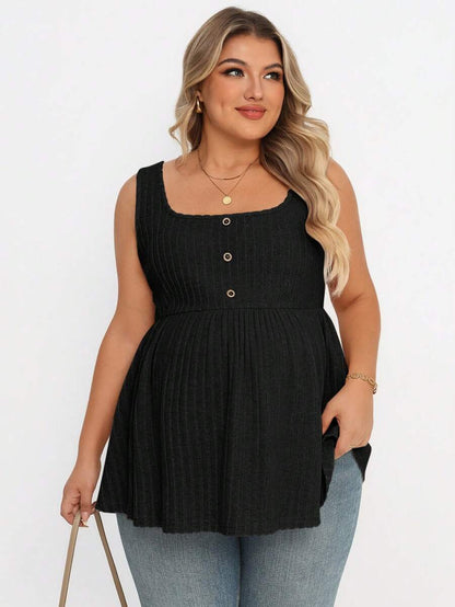 Plus Size Maternity Top - Square Neck, Sleeveless, Button, Umbrella Hem, Long, Apricot