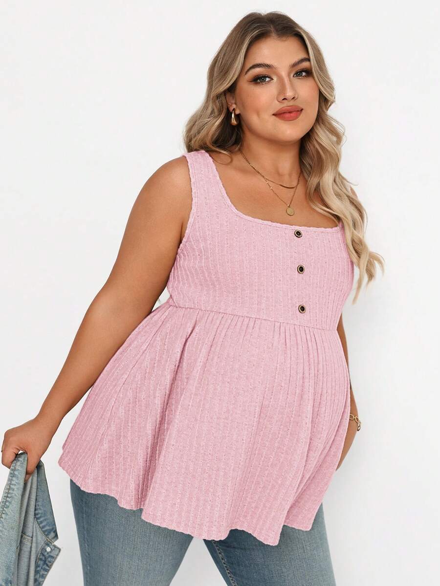 Plus Size Maternity Top - Square Neck, Sleeveless, Button, Umbrella Hem, Long, Apricot