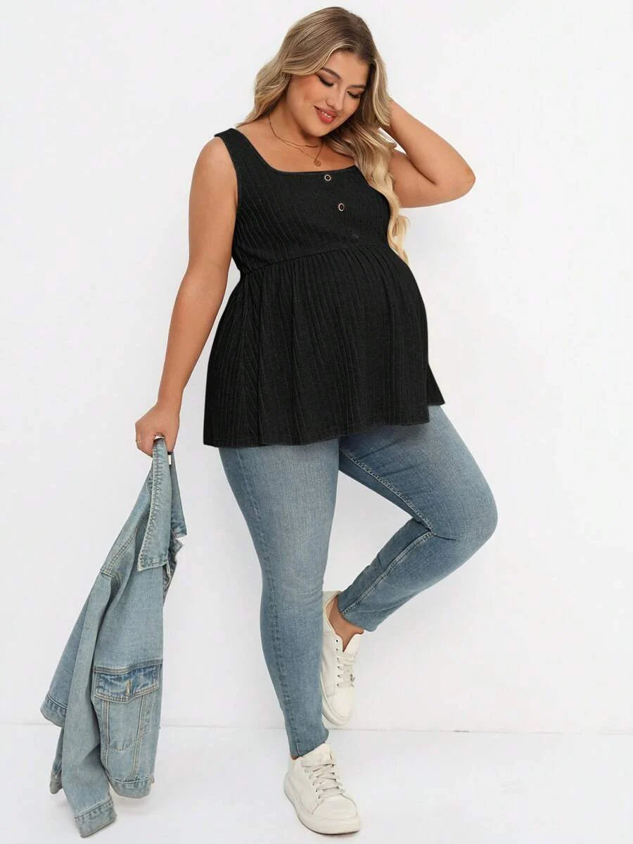 Plus Size Maternity Top - Square Neck, Sleeveless, Button, Umbrella Hem, Long, Apricot