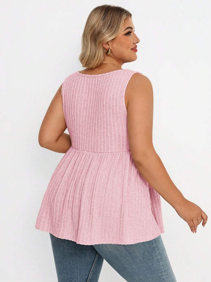 Plus Size Maternity Top - Square Neck, Sleeveless, Button, Umbrella Hem, Long, Apricot
