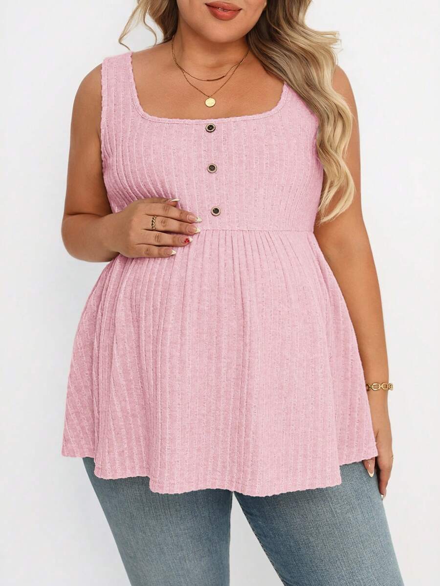Plus Size Maternity Top - Square Neck, Sleeveless, Button, Umbrella Hem, Long, Apricot