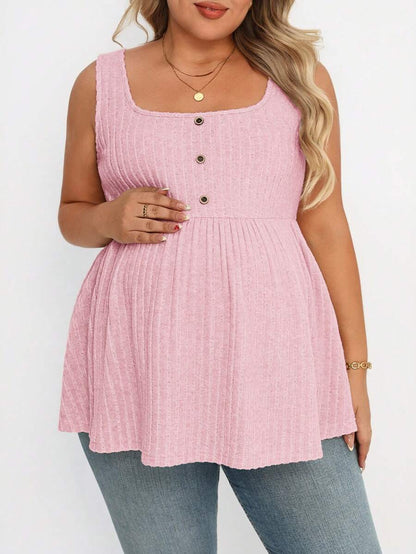 Plus Size Maternity Top - Square Neck, Sleeveless, Button, Umbrella Hem, Long, Apricot