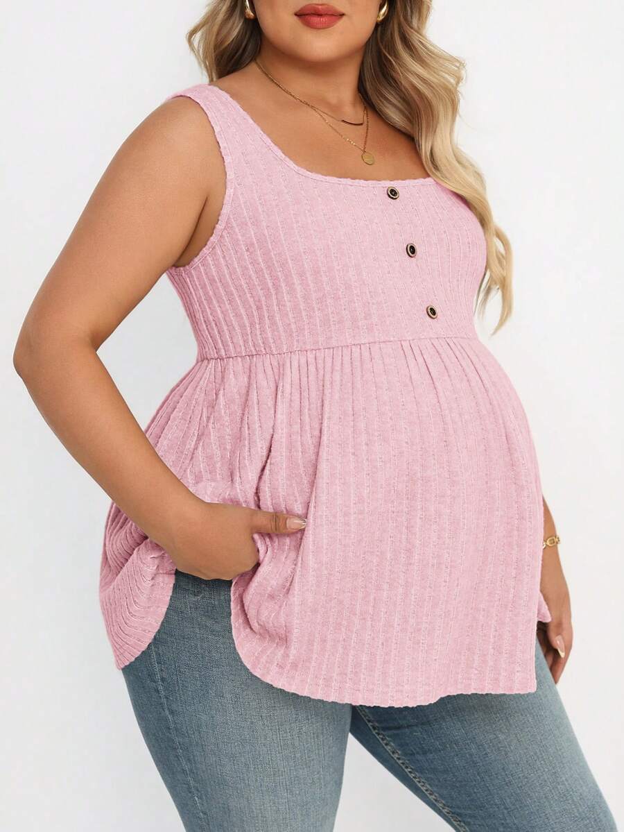 Plus Size Maternity Top - Square Neck, Sleeveless, Button, Umbrella Hem, Long, Apricot