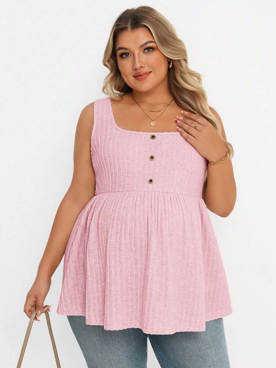 Plus Size Maternity Top - Square Neck, Sleeveless, Button, Umbrella Hem, Long, Apricot