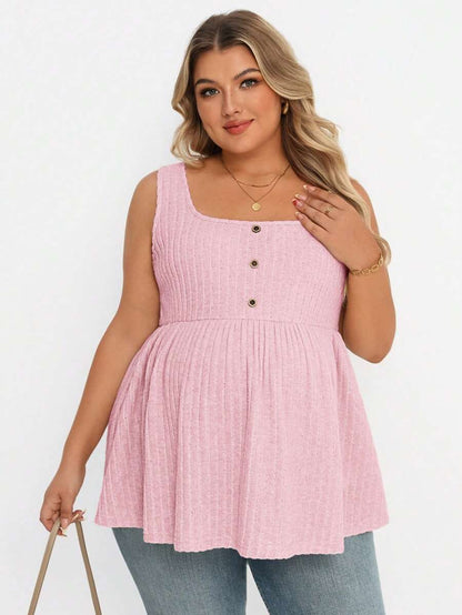 Plus Size Maternity Top - Square Neck, Sleeveless, Button, Umbrella Hem, Long, Apricot