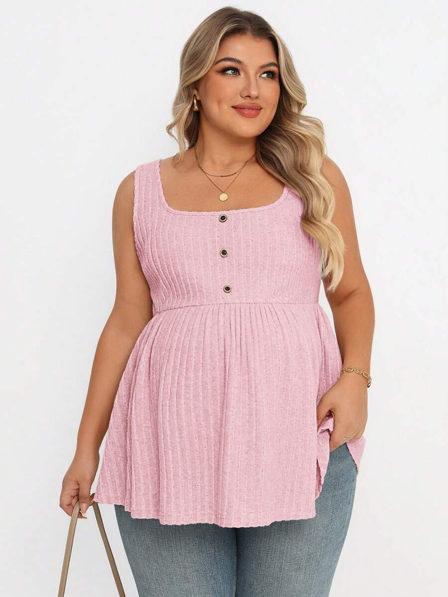 Plus Size Maternity Top - Square Neck, Sleeveless, Button, Umbrella Hem, Long, Apricot