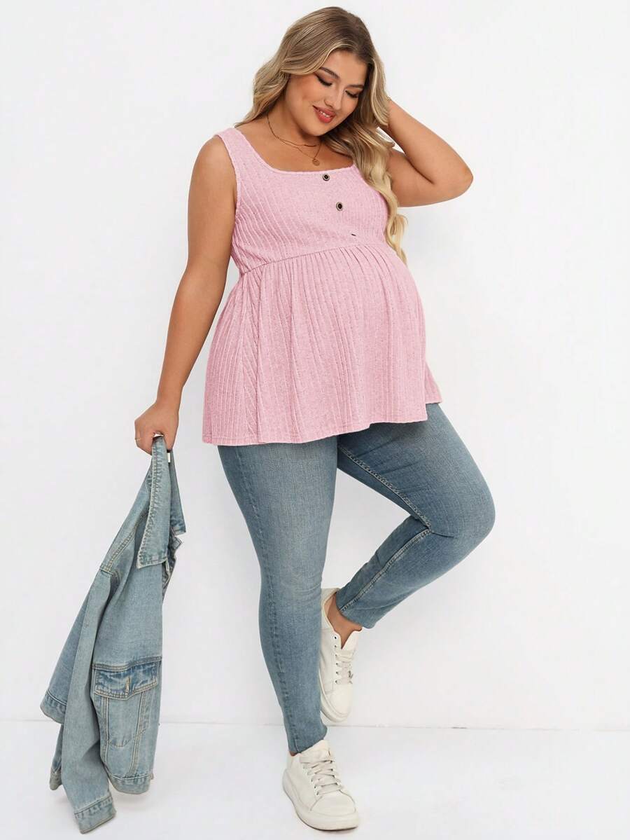 Plus Size Maternity Top - Square Neck, Sleeveless, Button, Umbrella Hem, Long, Apricot