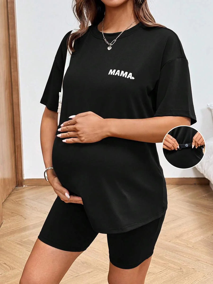 Maternity Tie Dye 2-Piece Set - Drop Shoulder Tee & Biker Shorts, Loose Fit, Multicolor