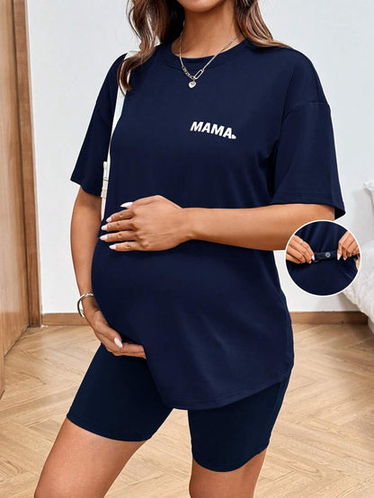 Maternity Tie Dye 2-Piece Set - Drop Shoulder Tee & Biker Shorts, Loose Fit, Multicolor