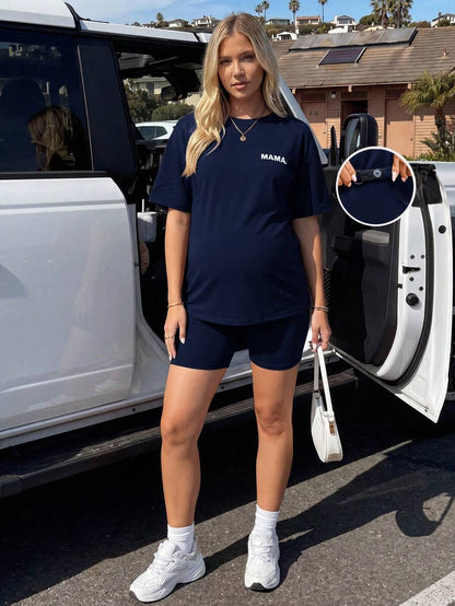 Maternity Summer Two Piece Lounge Set Brown Mama Print Loose Tee and Adjustable Elastic Cycling Shorts Casual Holiday Outfit