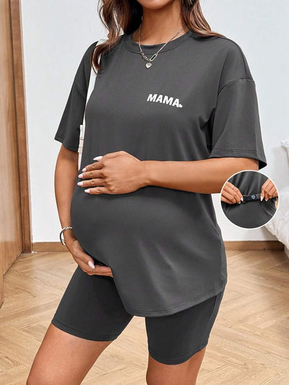 Maternity Summer Two Piece Lounge Set Brown Mama Print Loose Tee and Adjustable Elastic Cycling Shorts Casual Holiday Outfit