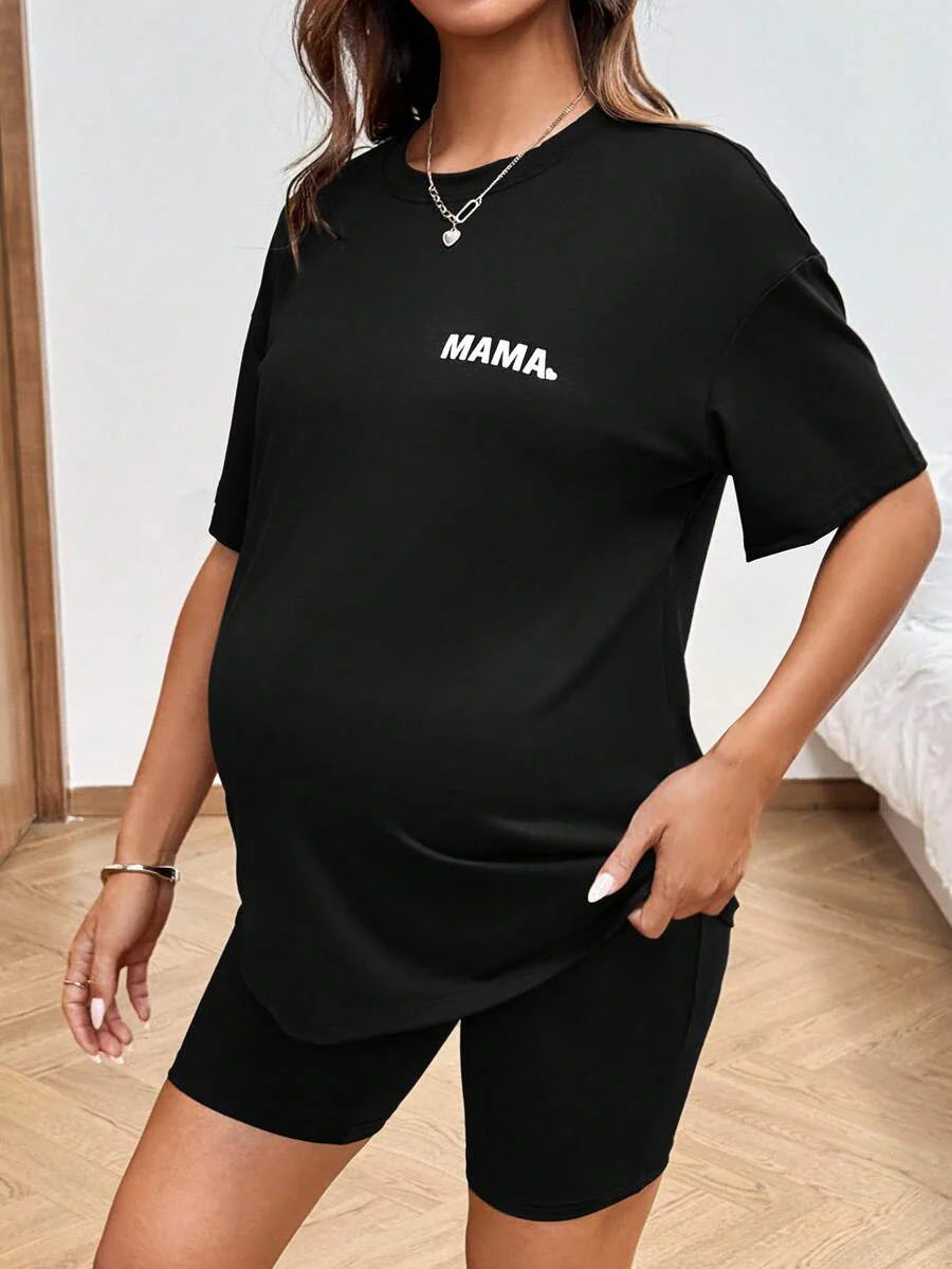 Maternity Tie Dye 2-Piece Set - Drop Shoulder Tee & Biker Shorts, Loose Fit, Multicolor