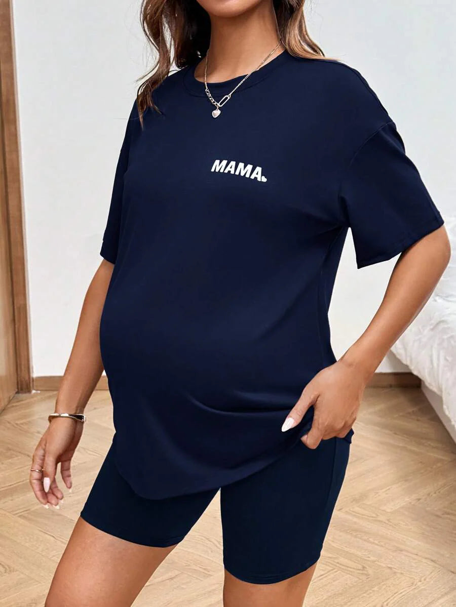 Maternity Summer Two Piece Lounge Set Brown Mama Print Loose Tee and Adjustable Elastic Cycling Shorts Casual Holiday Outfit