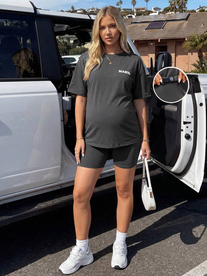 Maternity Tie Dye 2-Piece Set - Drop Shoulder Tee & Biker Shorts, Loose Fit, Multicolor