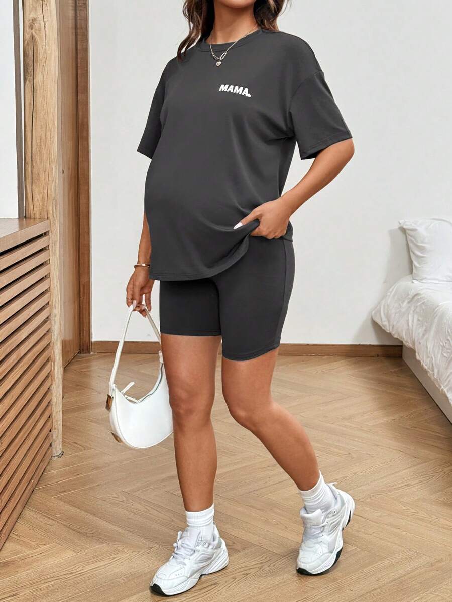 Maternity Summer Two Piece Lounge Set Brown Mama Print Loose Tee and Adjustable Elastic Cycling Shorts Casual Holiday Outfit
